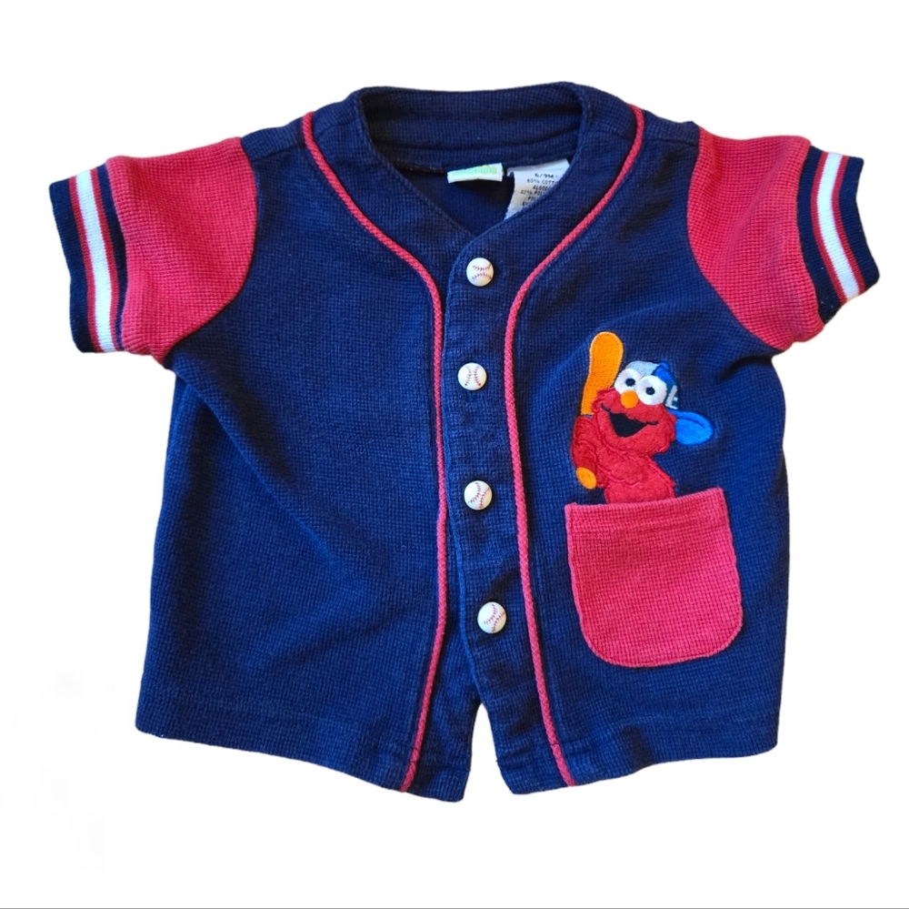 Vintage 1990s Y2K Sesame Street Elmo navy blue and red baseball jersey Shirt